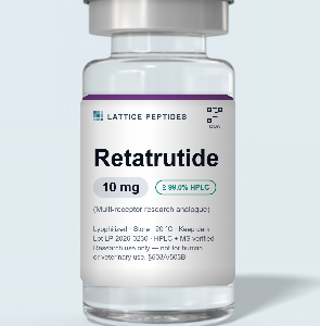 Retatrutide research peptide vial with lot-verified label — Lattice Peptides