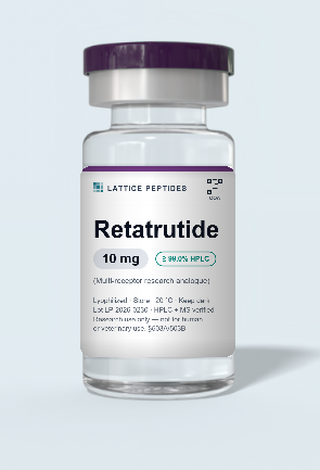 Retatrutide research peptide vial with lot-verified label — Lattice Peptides