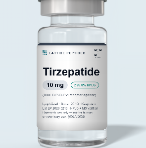 Tirzepatide research peptide vial with lot-verified label — Lattice Peptides